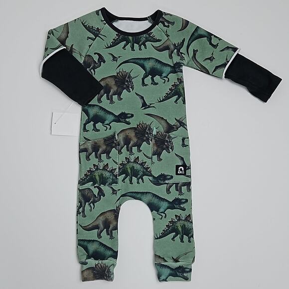Rags Raglan Sleeve Hip Pocket Romper Dinosaur Green | Infant Baby 3-6 Months - Picture 1 of 12